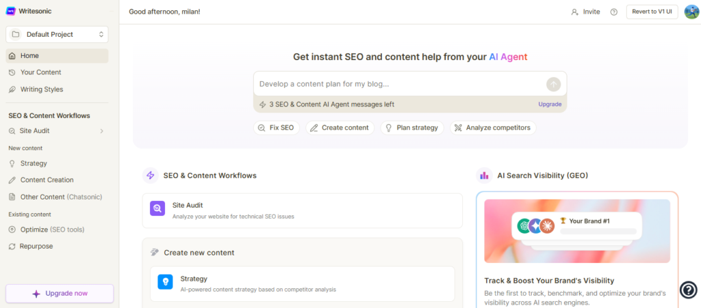 Writesonic Article Writer 6.0 dashboard showing content generation workflow