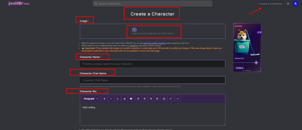 Janitor AI character creation form