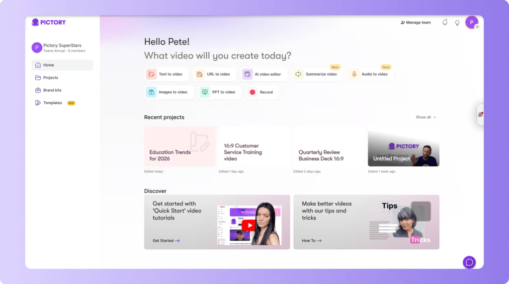 Pictory AI dashboard showing script-to-video editor interface
Pricing page: Pictory AI pricing plans comparison - Standard, Premium, and Teams tiers
Comparison image: Pictory AI vs Synthesia vs Descript feature comparison chart